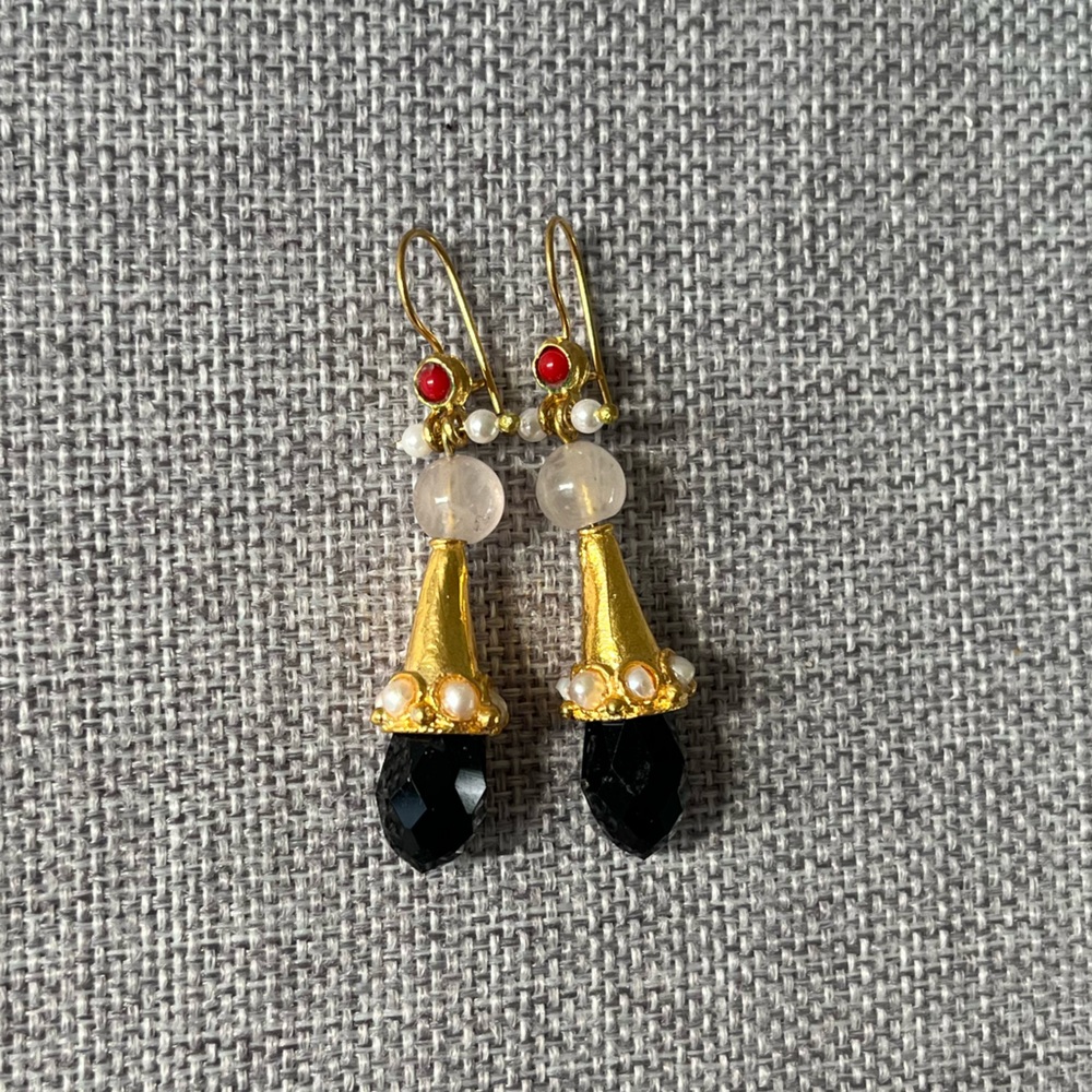 Gold Tone Drop Earrings with Black Gemstone or Glass Pearl & Red Crystal Accents